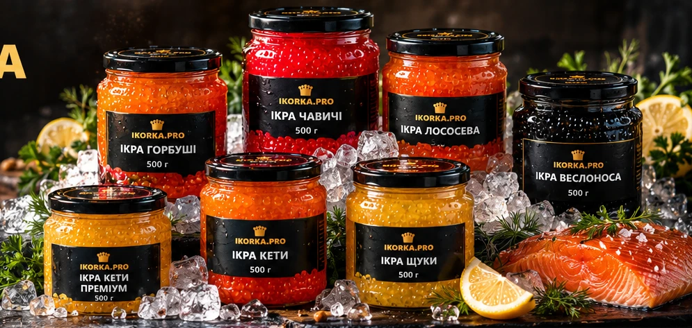 Банки ікри IKORKA.PRO 500 г у святковій подачі